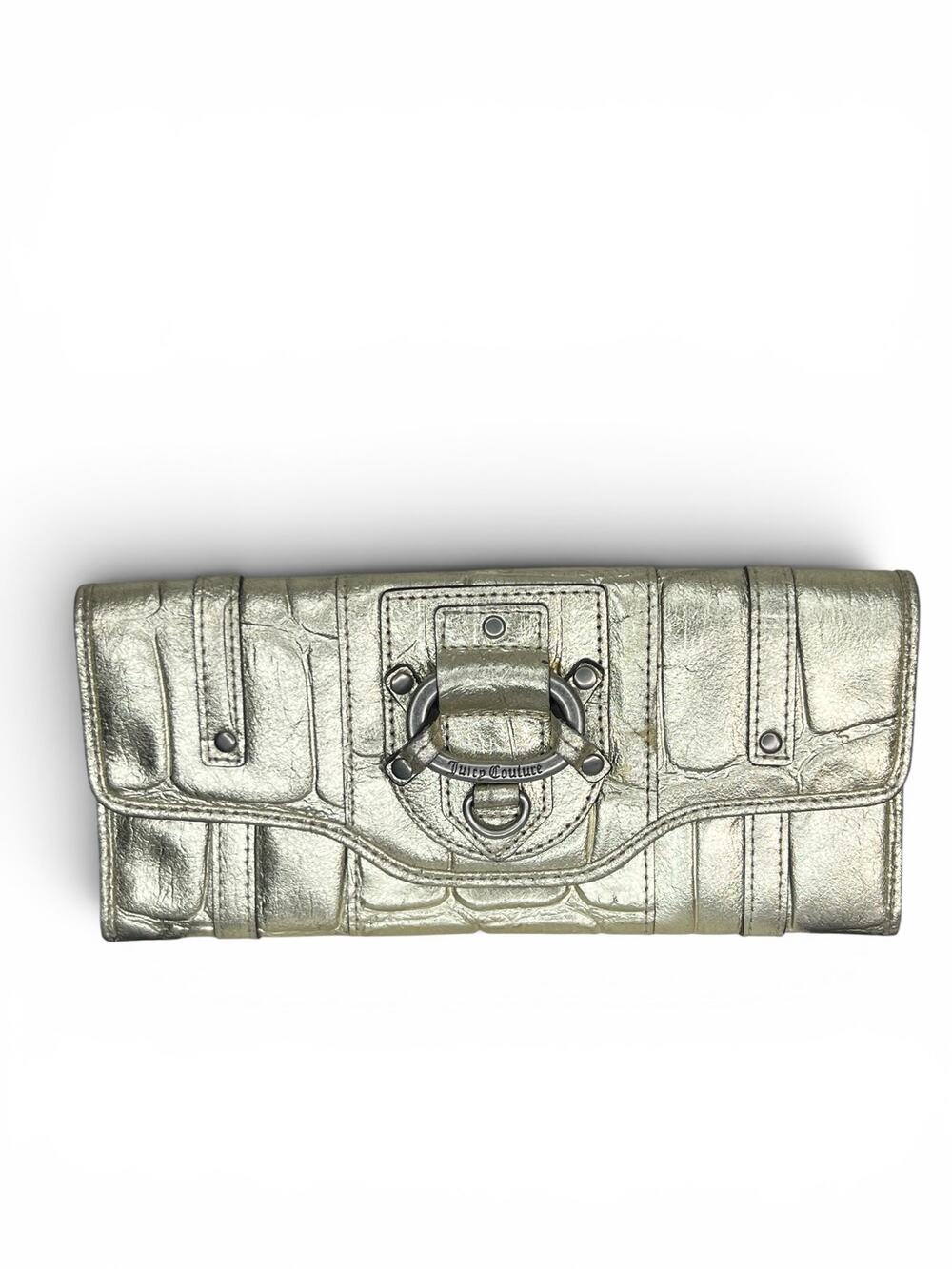VTG Juicy Couture Y2K Metallic Gold Crackled Leather Clutch Wallet Authentic